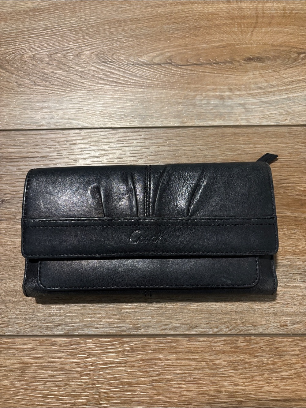 Vintage Coach Black Leather Fold-Over Checkbook Wallet